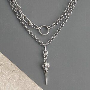 NEW, 2 layered silver necklaces; steel NON TARNISH CHAIN, plated BIRD SKULL punk